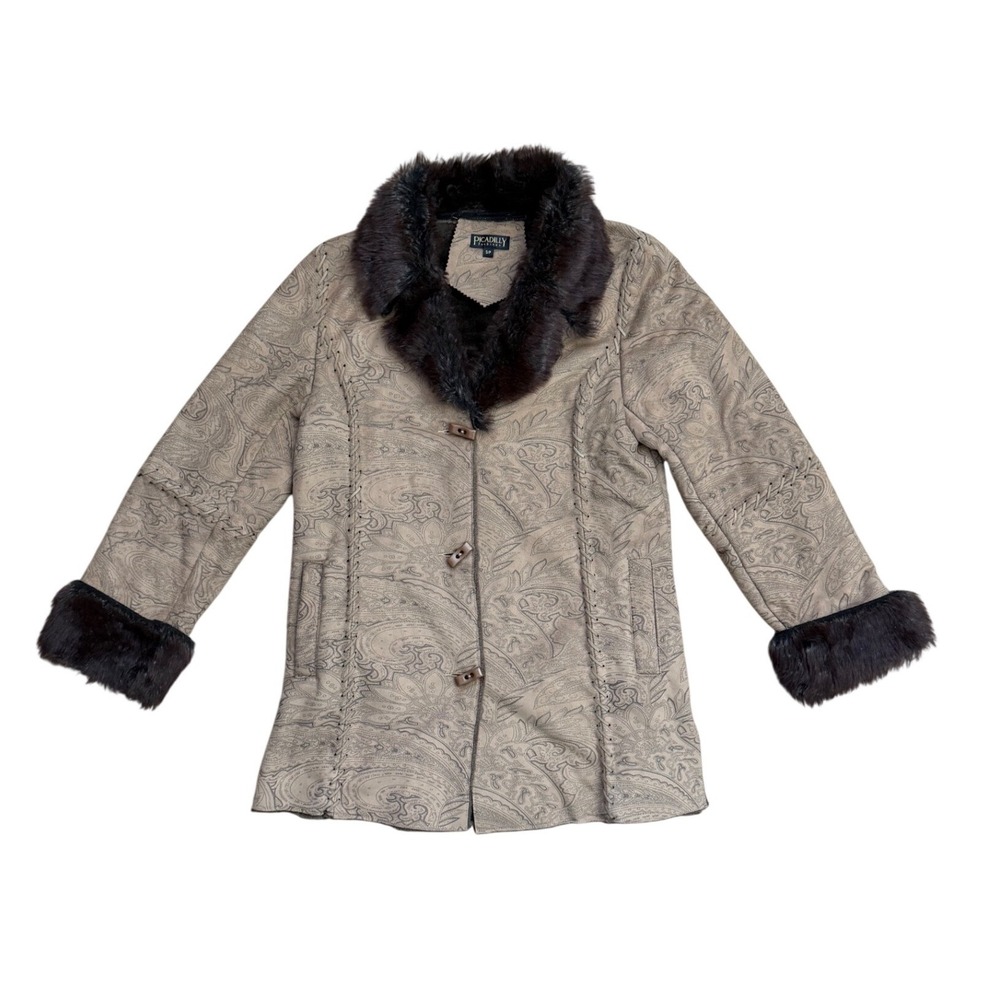 Vintage Penny Lane Coat Faux Fur Paisley Tan Brown Small toggle